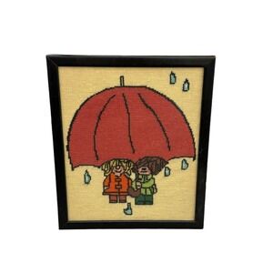Vintage Framed Needlepoint Children Big Umbrella Kitschy 70's Design